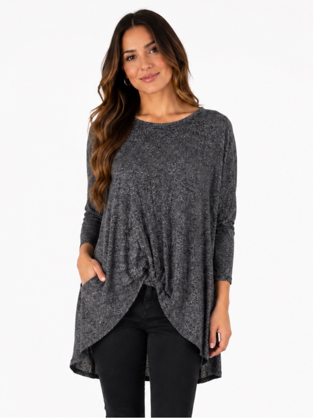 Charmed Hearts Black Gray Marled Twist Front Tunic Top - Size L
